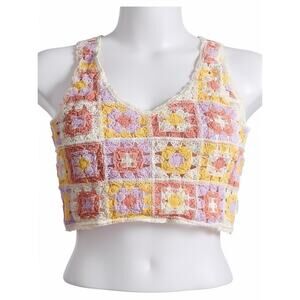 Rebellion Again Womens Small Granny Square Crochet Crop Tank Top Hippie #5715